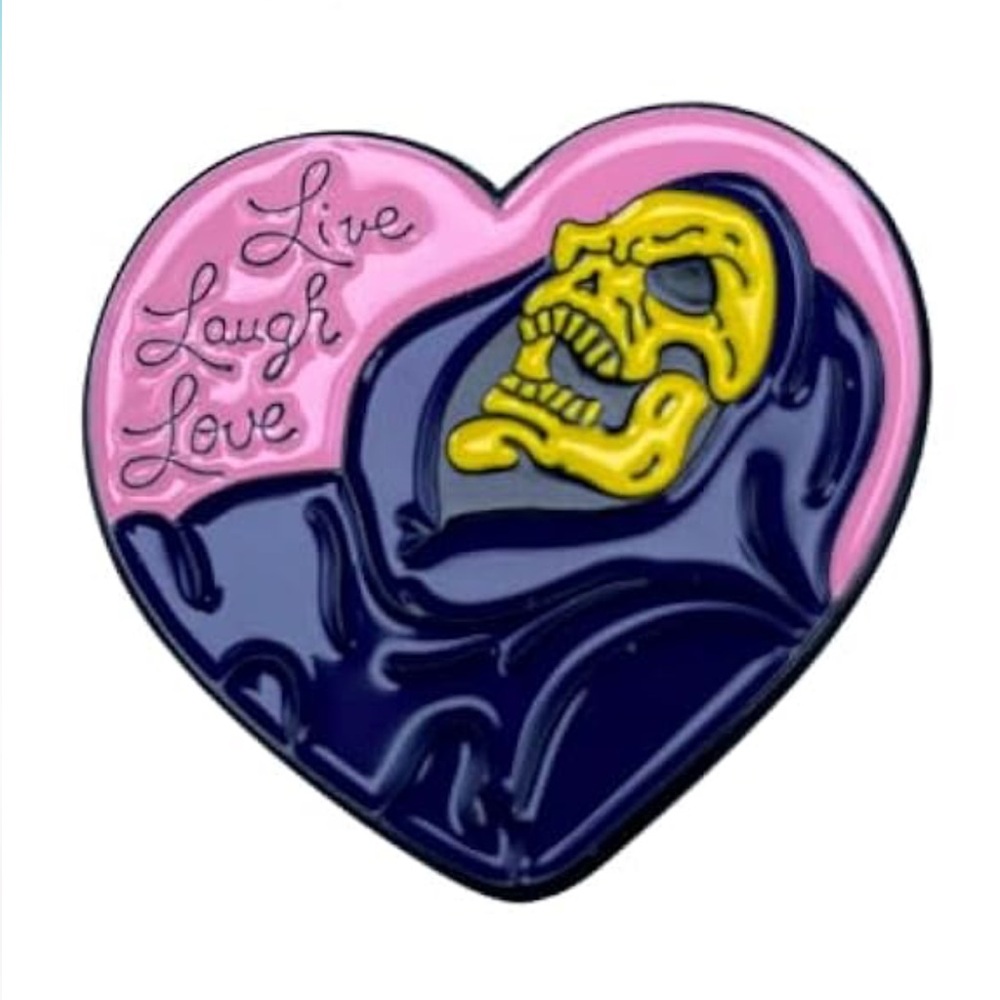 NEW “Live Laugh Love” Skeletor Enamel Pin Pink Heart Cartoon 80s Funny Cute